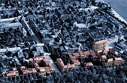 The University facilities at Röntgenring, color-highlighted on a historical aerial photograph.