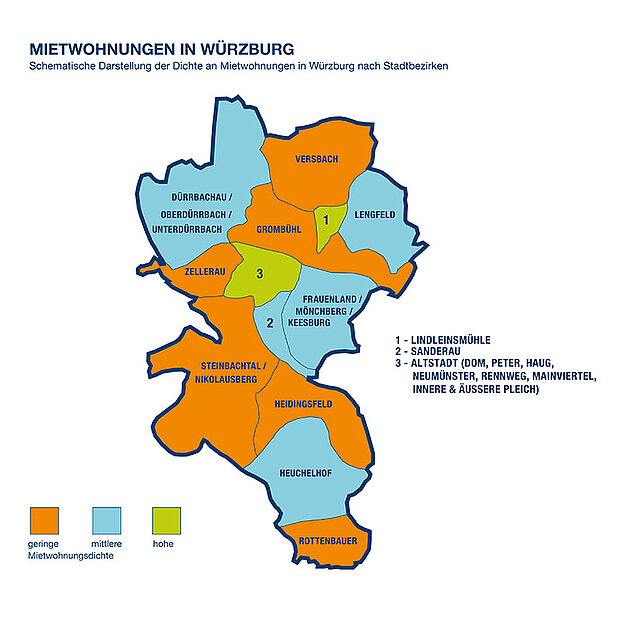 Karte mit Wohngebieten in Würzburg