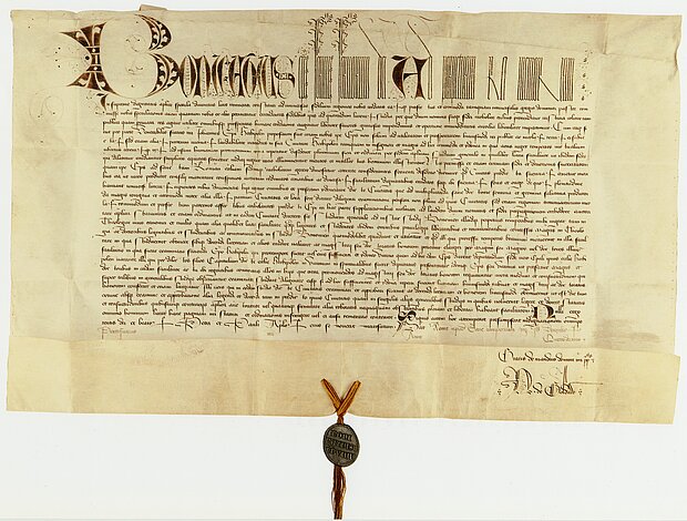 Gründungsprivileg Papst Bonifaz IX: vom 10. Dezember 1402. Staatsarchiv Würzburg, WU 27/22. 