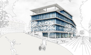 Exterior view (visualisation) of the new research building for the Helmholtz Institute Würzburg.