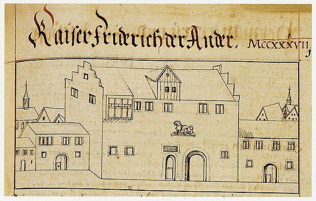 Löwenhof. Miniatur aus der Fries-Chronik, UB Würzburg.