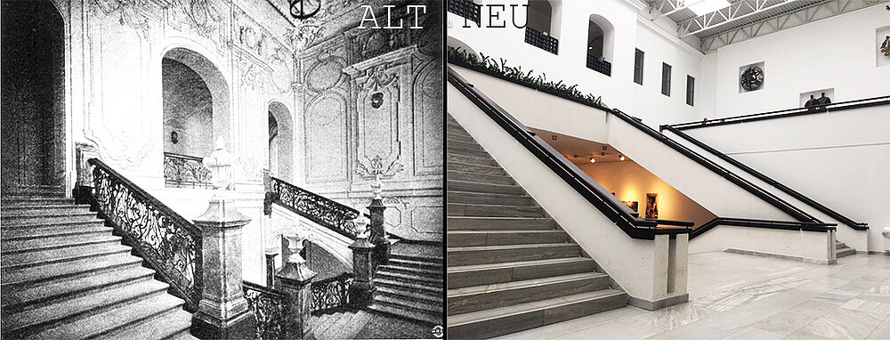 The staircase of the 'Neue Universität' then and now.
