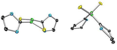 Molekülmodell: Eine gewöhnliche Bor-Bor-Doppelbindung (links) und ihre biradikalen Verwandte, die extrem stabil ist. (Grafik: Dr. Rian Dewhurst)