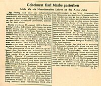 Nachruf auf Karl Marbe - Volksblatt