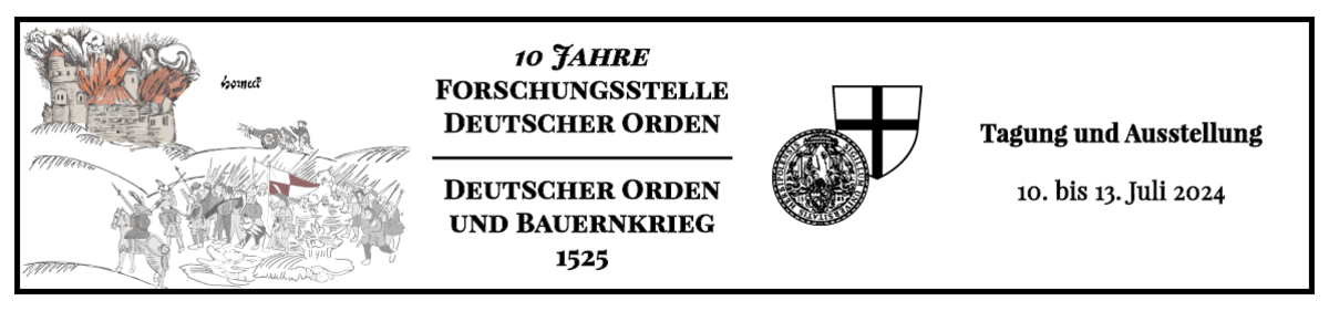 Das temporäre Banner wirbt für die Tagung und die Ausstellung der Forschungsstelle, die vom 10. bis zum 13. Juli 2024 in Würzburg stattfinden.