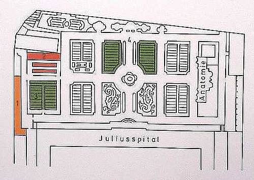 Lage des Botanischen Gartens im Barockgarten des Juliusspitals