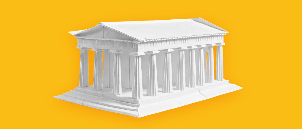 in der Mitte ist ein weißer griechischer Tempel auf gelbem Hintergrund abgebildet