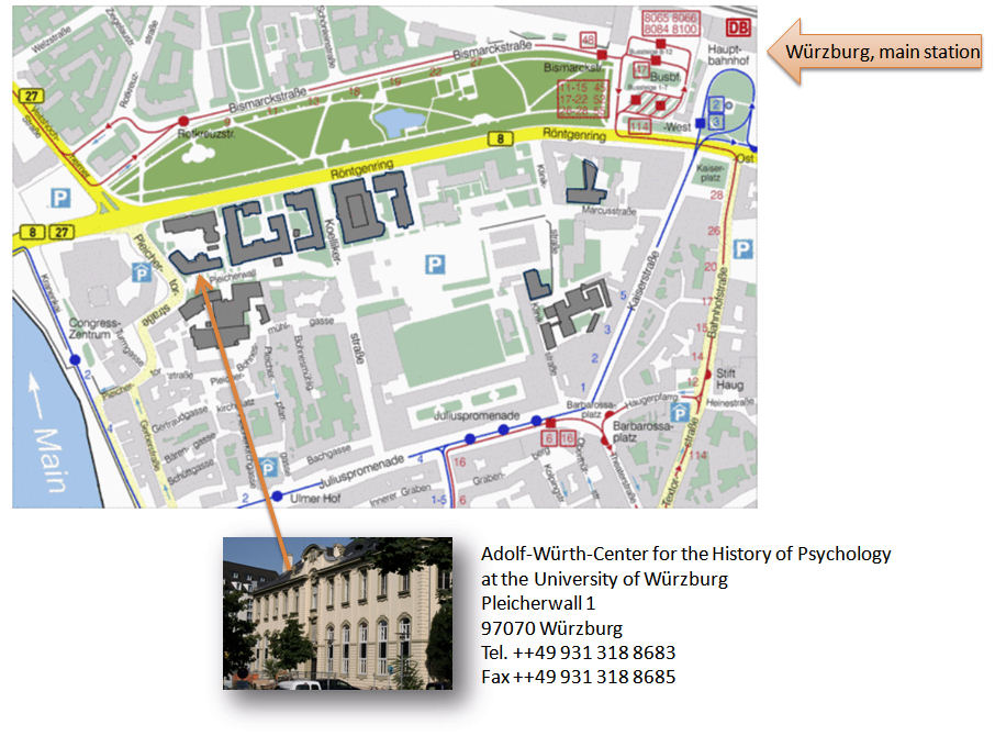 Karte von Würzburg mit Wegbezeichnungen zum Adolf-Würth-Zentrum