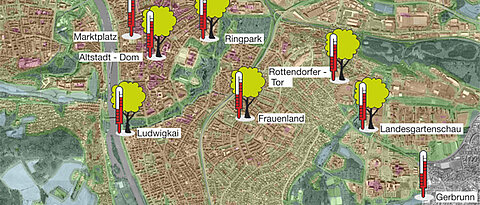 Karte von Würzburg: Hier stehen die Messstationen des Projekts „Klimaerlebnis Würzburg“ (Quelle: Klimaerlebnis Würzburg)