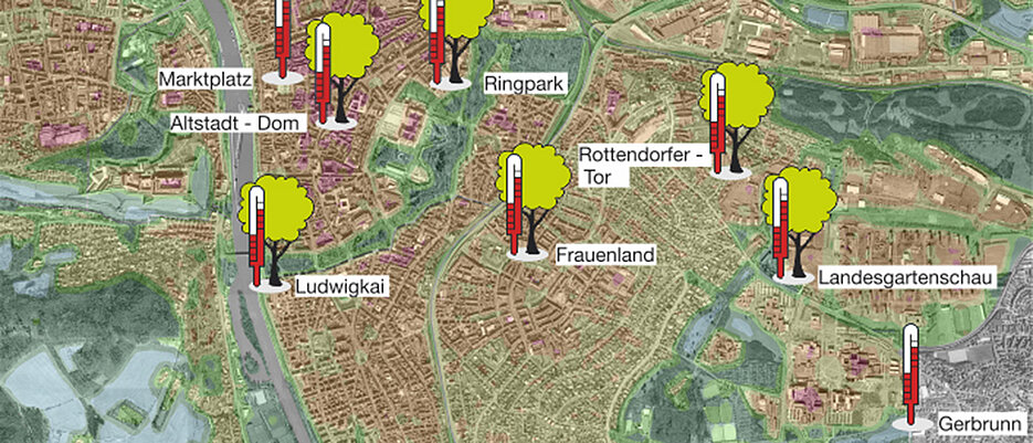 Karte von Würzburg: Hier stehen die Messstationen des Projekts „Klimaerlebnis Würzburg“ (Quelle: Klimaerlebnis Würzburg)