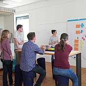 Frau erläutert eine MindMap, Workshopteilnehmende stehen davor und hören zu.