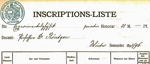 Die Inskriptionsliste, also quasi die Liste der Teilnehmer, zu Röntgens Vorlesung in Experimentalphysik im Winter 1895/96 wurde jetzt wiedergefunden.