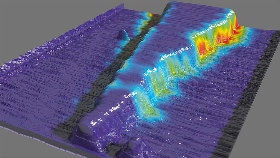 Das Bild zeigt den Elektronenfluss auf der Oberfläche des Quantenmaterials Blei-Zinn-Selenid. Durch die keilförmige Anordnung der „topologischen Drähte“ konnten die Physiker exakt bestimmen, ab welchem Mindestabstand Strom verlustfrei fließt – im Bild rot markiert.