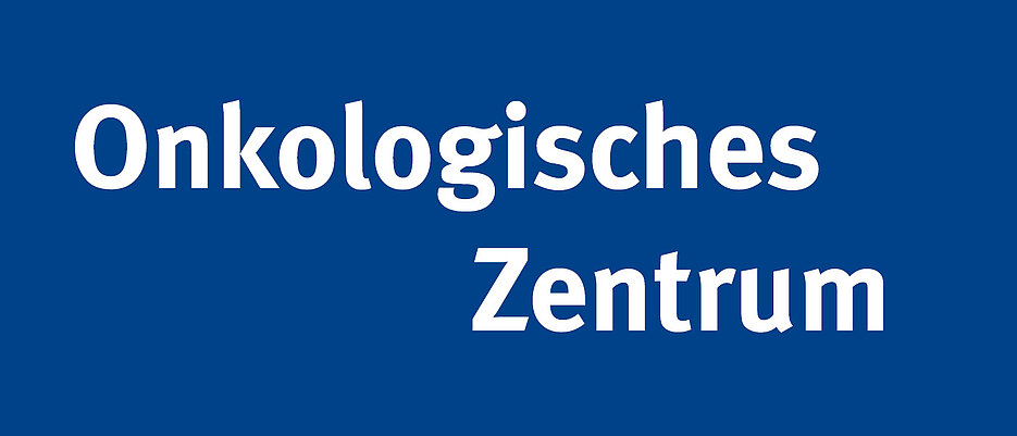 Blaue Farbfläche mit weißer Schrift "Onkologisches Zentrum"