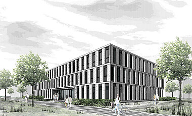 So wird das Zentrum für Philologie und Digitalität aussehen. Der Entwurf stammt vom Architekturbüro Auer und Weber Architekten BDA aus Stuttgart. Das Büro setzte sich im Architekturwettbewerb gegen 18 andere Beiträge durch.