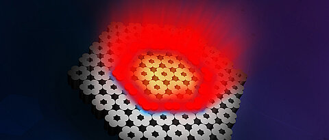 Artistic rendition of a topological array of vertically emitting lasers. All 30 microlasers along a topological interface (blue) act as one, collectively emitting coherent laser light (red).