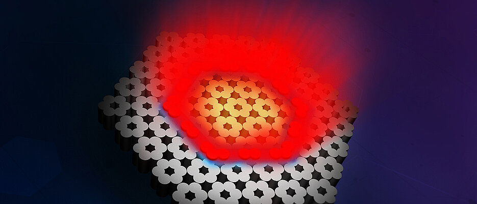 Künstlerische Darstellung eines topologischen Lasers, bestehend aus 30 gekoppelten oberflächenemittierenden Lasern. Alle Mikrolaser entlang einer topologischen Grenzfläche (blau) verhalten sich wie ein Laser und strahlen gemeinsam kohärentes Laserlicht aus (rot).
