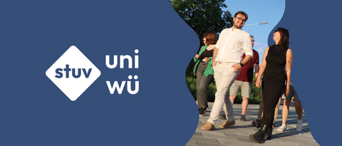 links im Bild ist das Logo der Studierendenvertretung der Universität Würzburg, rechts im Bild unterhalten sich zwei Studierende im Gehen