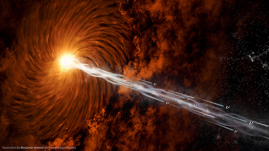 Künstlerische Darstellung eines Blazars, der kosmische Strahlung, Neutrinos und Photonen auf hohe Energien beschleunigt, wie sie in PeVatron-Blazaren beobachtet werden.