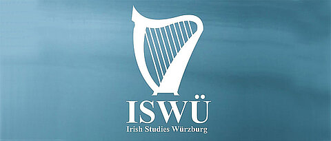Logo der Irish Studies Würzburg (weiße Harfe) auf blauem Hintergrund