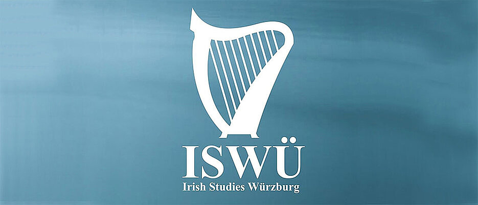 Logo der Irish Studies Würzburg (weiße Harfe) auf blauem Hintergrund