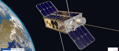 Ein Modell des Nanosatelliten SONATE-2, hier künstlerisch im Orbit dargestellt.