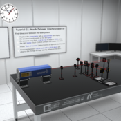 virtuelles Labor mit Experimentiertisch, Whiteboards mit Anleitungsskizzen und Laptops.