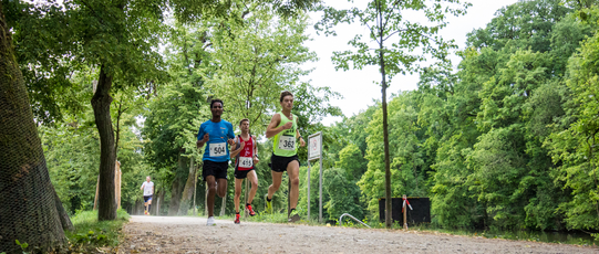 Beim sechsten Bamberger uni-Lauf (2018): Im Hain lieferten sich der sp?tere Sieger Leonardo Ortolano von der Uni W?rzburg (rechts, in gr?n) und Marco Sahm von der Uni Bamberg (Mitte, in rot) ein spannendes Rennen. 