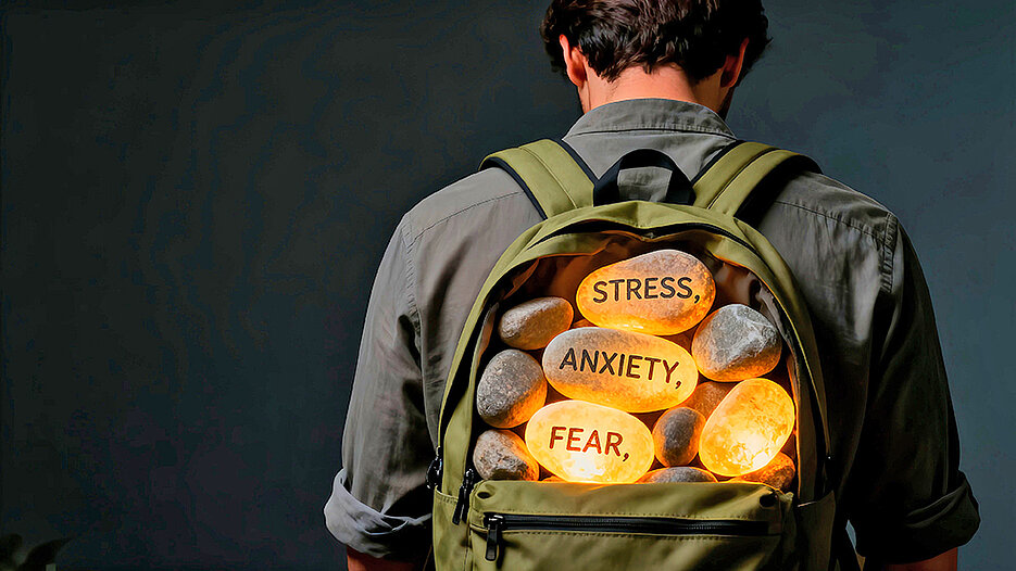 Man carrying a rucksack loaded with glowing stones labelled 