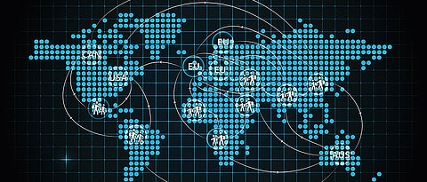 Weltkarte mit grafischer Darstellung der Migrationsbewegungen.