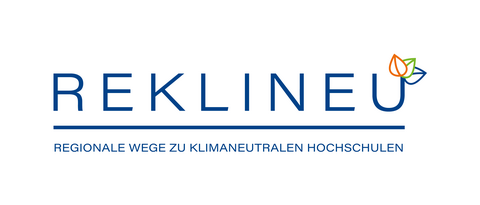 Horizontal logo spelling the word REKLINEU with blue orange and green leaves and the words Regionale Wege zu klimaneutralen Hochschulen underneath