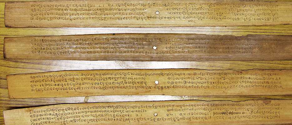 Sanskrit-Texte auf Palmblatt in Oriya-Schrift. Der Inhalt der Texte geht auf die Jahre 1100 bis 800 vor Christus zurück und wird an der Universität Würzburg erforscht. Es geht darin um frühhinduistische Überlieferungen.