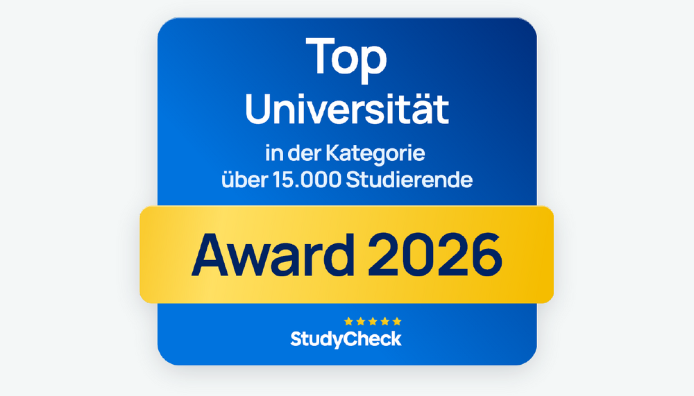 Die Universität Würzburg hat vom Studienbewertungsportal StudyCheck 2026 den Award "Top Universität" in der Kategorie über 15.000 Studierende erhalten.