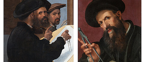 Links: Bernardino Licinios Porträt von Sebastiano Serlio (um 1530) gehörte zu den frühesten Erwerbungen des „Ästhetischen Attributs der Universität Würzburg“. Rechts: Für sein Serlio-Porträt (um 1570) orientierte sich Bartolomeo Passerotti wahrscheinlich am Gemälde Licinios. Seit 2019 gehört es dem Martin von Wagner Museum.