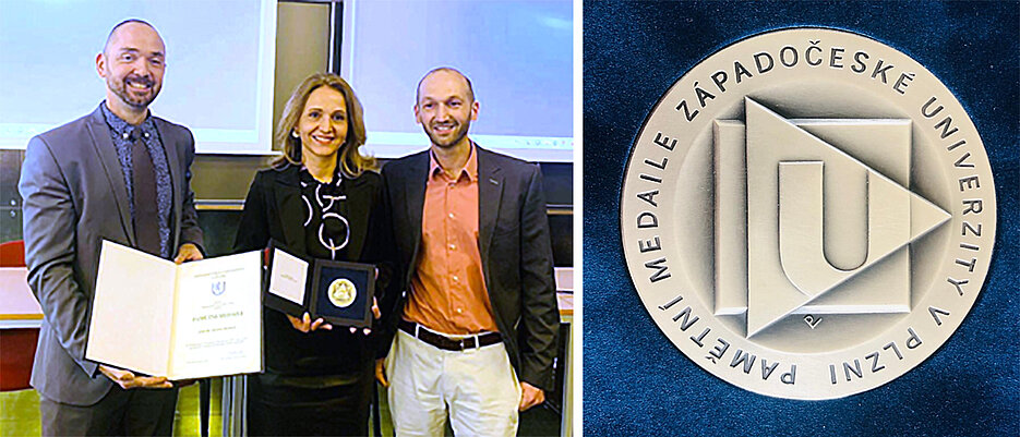 Die Ausgezeichneten samt Medaille (v.l.): Tomáš Kovářík, Denitsa Docheva und Tomáš Křenek.