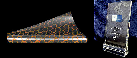 Model of the sensor film for measuring the material load of air and space vehicles in flight. On the right, the trophy with which this idea was awarded.