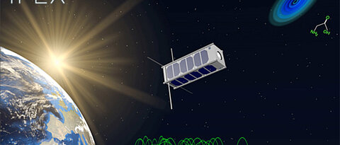 The graphic illustrates different aspects of extraterrestrial science - small satellites for astronomy, intelligent on-board signal processing, building blocks of life and galaxies. 