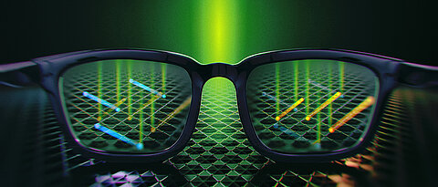 Using X-rays (green in the picture), researchers have created 3D cinema-like effects on the kagome metal TbV6Sn6. This way, they have succeeded in tracking down the behaviour of electrons (blue and yellow in the picture) and have taken a step forward in the understanding of quantum materials.