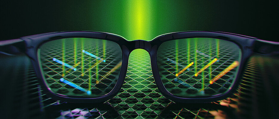 Mit Röntgenstrahlen (im Bild grün) haben Forschende auf dem Kagome-Metall TbV6Sn6 Effekte wie im 3D-Kino erzeugt. So ist es gelungen, dem Verhalten von Elektronen (im Bild blau und gelb) auf die Spur zu kommen.