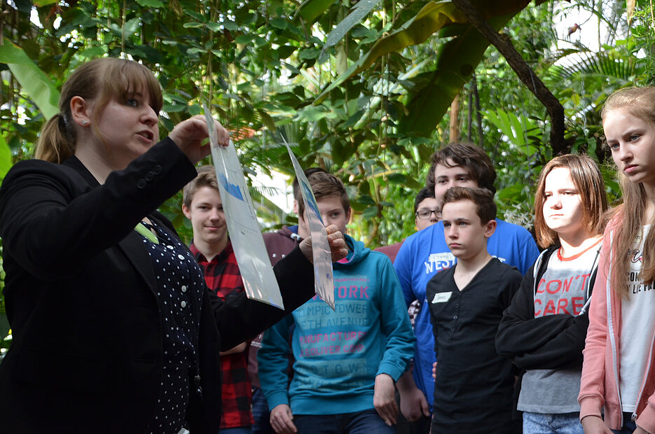 Rebekka Sammertinger, Maria Riske und Melanie Holzbauer studieren Lehramt an der Universität Würzburg. Unter dem Motto „Grüne Praxis statt grauer Theorie“ haben die Drei eine Schulklasse durch den Botanischen Garten geführt und den Schülern die Vegetations- und Klimazonen der Erde erklärt. Foto: Karsten Fehr