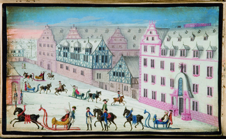 Studentische Schlittenfahrt auf dem Brandplatz zu Gießen, um 1789. Illustration aus dem Studenten-Stammbuch des Ludwig Arndt Reuther aus Saarbrücken (Gießen 1787-1790), nach pag. 132.