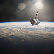 Visualisierung des Würzburger Kleinsatelliten SONATE im Orbit. 