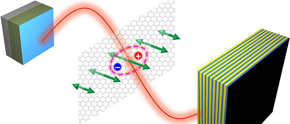 Coupling of phonon (green), exciton (pink), and photon of a microcavity (red) in a 2D material