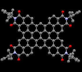 Über einen Nanometer groß ist das Molekül, das Würzburger Chemiker erstmals synthetisiert haben. Seine Tendenz, Elektronen aufzunehmen, macht es so interessant. (Grafik: Sabine Seifert)