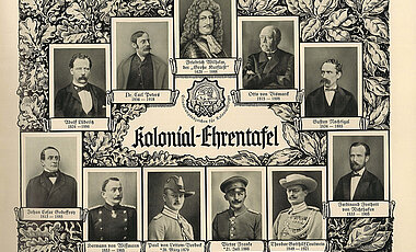 Das Sammelalbum „Deutsche Kolonien“ von 1936 zeigt auf seinem Vorblatt Porträtbilder von Männern, die sich durch „Verdienste an den deutschen Kolonien ausgezeichnet“ haben: Carl Peters, Adolf Lüderitz, Hermann von Wissmann, Paul von Lettow-Vorbeck und Gustav Nachtigal. Viele Straßen im Deutschen Reich wurden nach ihnen benannt und heißen teilweise auch heute noch so.