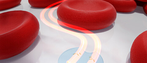 Künstlerische Darstellung einer Mikrodrohne mit zwei aktiven lichtgetriebenen Nanomotoren, die zwischen roten Blutkörperchen gesteuert wird. 