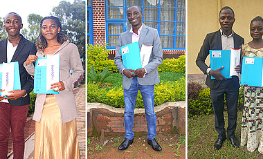 BEBUC-Preise für hervorragende Leistungen (von links): Gentil Musimwa und Thérèse Bikaya aus Bukavu, Muyisa Musongora aus Butembo, sowie Abednego Wa Muhindo und Kristen Furaha aus Goma.