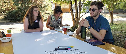 In einem World Café setzten sich die Teilnehmenden an drei Stationen mit Fragen zur Implementierung einer BNE in der Breite der Lehre auseinander. Das Foto zeigt eine der drei Stationen im Botanischen Garten, wo Dozierende an einem Tisch sitzend diskutieren und Ideen aufschreiben. An der Station im Foto ging es um die Definition und Sichtbarkeit einer erfolgreichen Nachhaltigkeitsbildung an der Uni. (Foto: Anna Dävel)