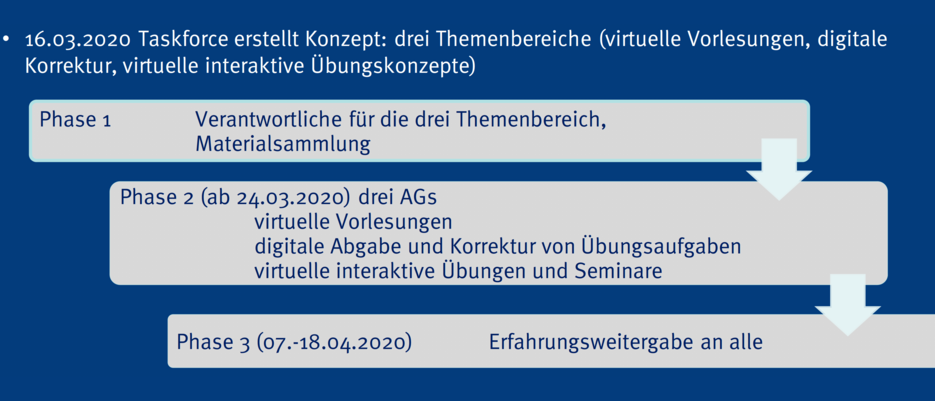 Innerhalb von sechs Wochen hat das Institut für Mathematik seine Präsenz-Lehrveranstaltungen auf Digitalmodus umgestellt. Eine TaskForce hatte frühzeitig alle Aufgaben in drei Themenbereiche mit jeweils einer Arbeitsgruppe, die wiederum in drei Phasen arbeiten, unterteilt.