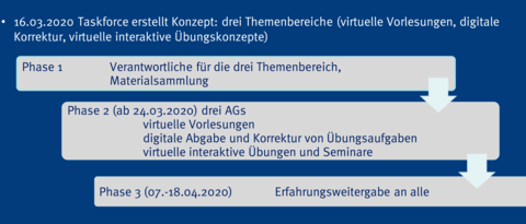 Innerhalb von sechs Wochen hat das Institut für Mathematik seine Präsenz-Lehrveranstaltungen auf Digitalmodus umgestellt. Eine TaskForce hatte frühzeitig alle Aufgaben in drei Themenbereiche mit jeweils einer Arbeitsgruppe, die wiederum in drei Phasen arbeiten, unterteilt.